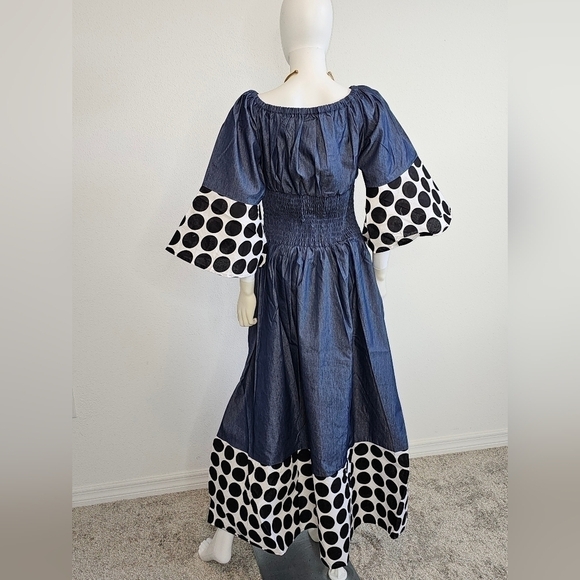 Polka Dot Maxi Denim Off-shoulder Dress Printed trim - One Size Fits M - 2XL - Picture 3 of 3